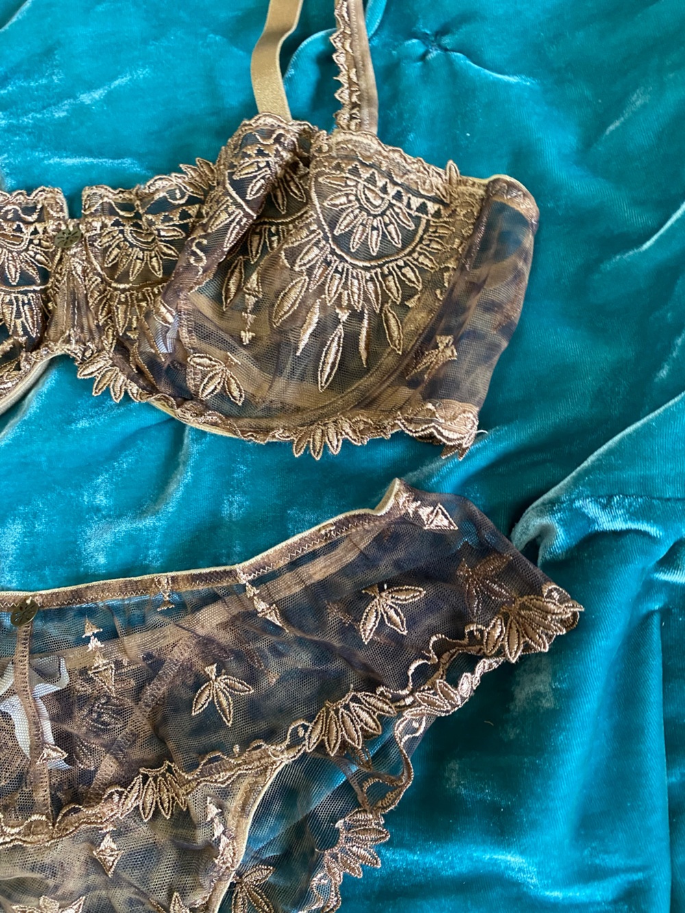 Chantelle Sheer Embroidered Bra & Brief Set in Gold - Picture 4 of 15